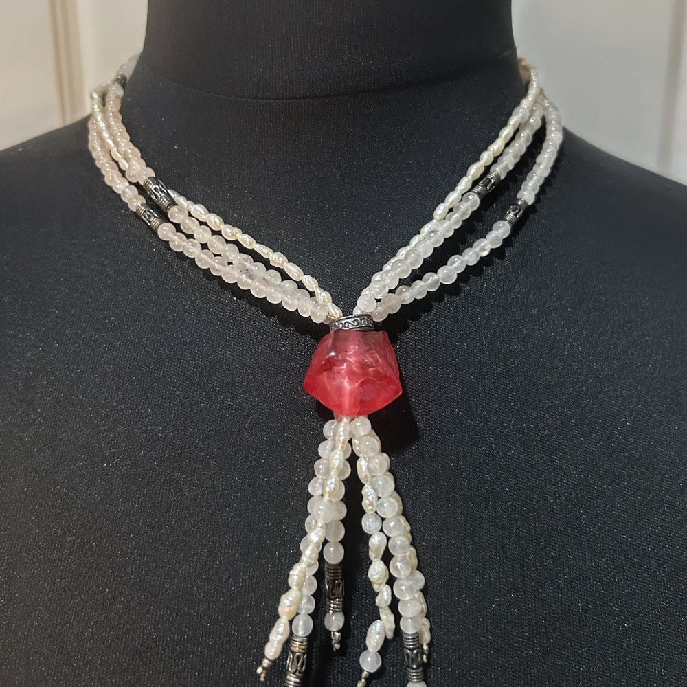 Elegant 925 Silver Pearl Multi-Strand Necklace with Pink Gem Accent